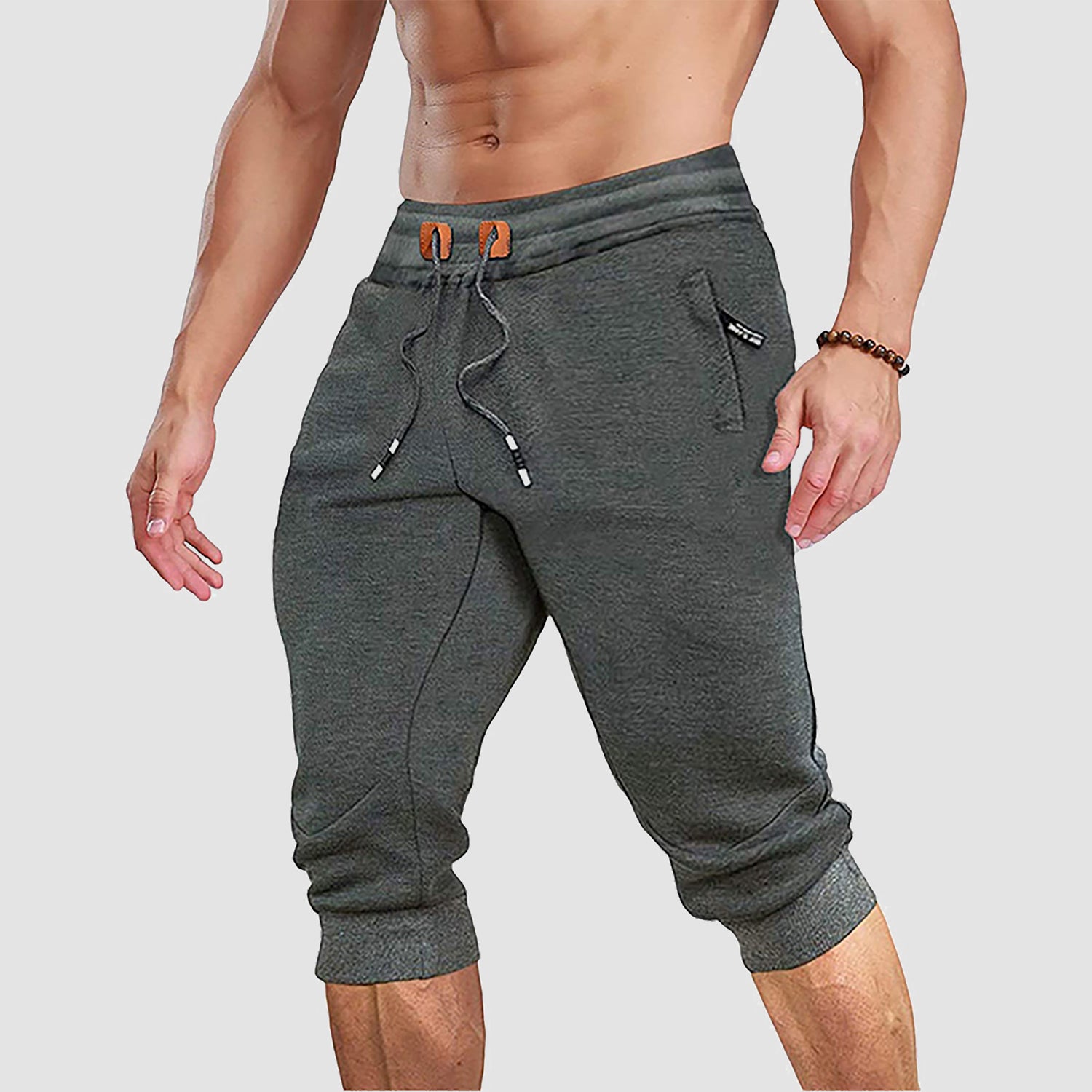Men Capris Joggers with Zipper Pocket Drawstring Tapered Training Shorts