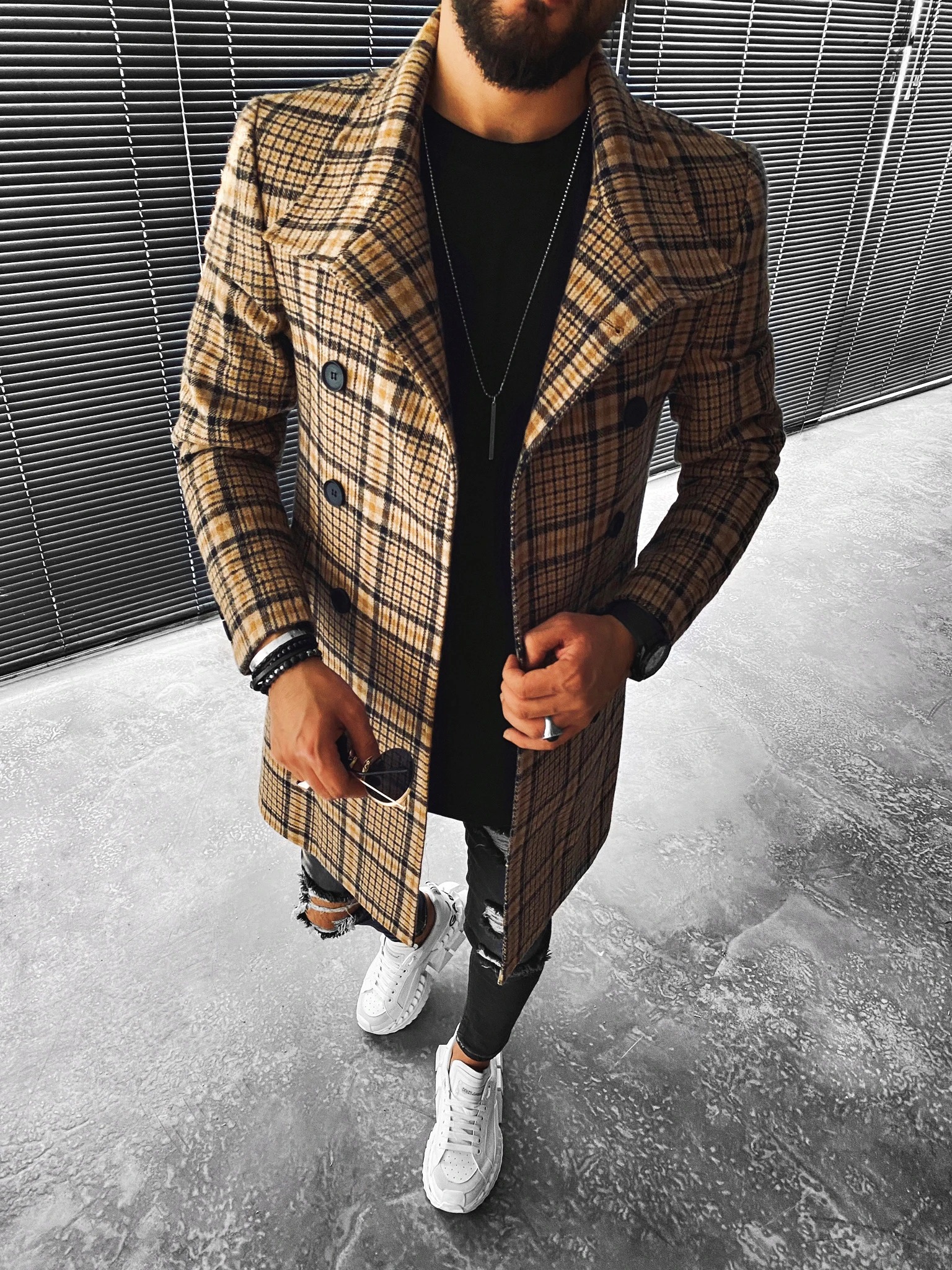 Street Fashion Casual Plaid Texture Slim Long Sleeve Coat