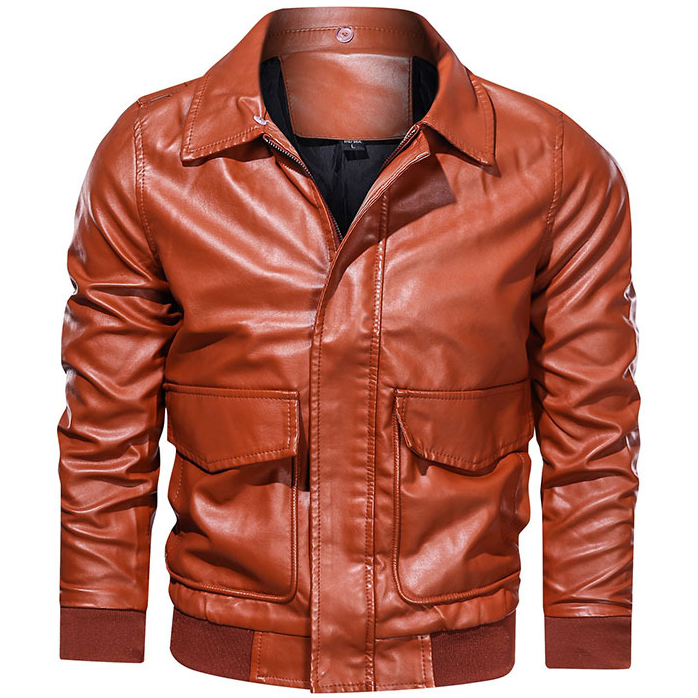 Men's Lapel Solid Color Large Pocket Biker Leather Jacket